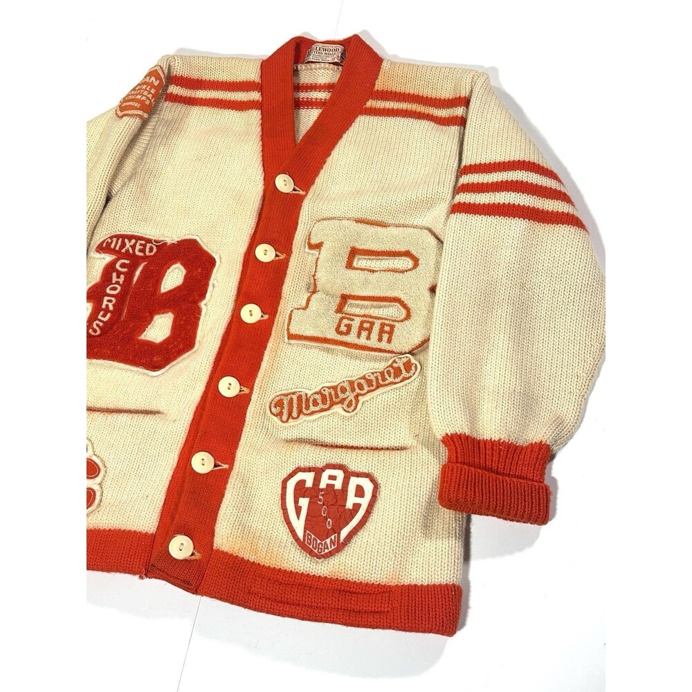 Vintage 1950s Chicago Letterman Cardigan Sweater Women Cream Orange Wool Patches - Picture 4 of 14